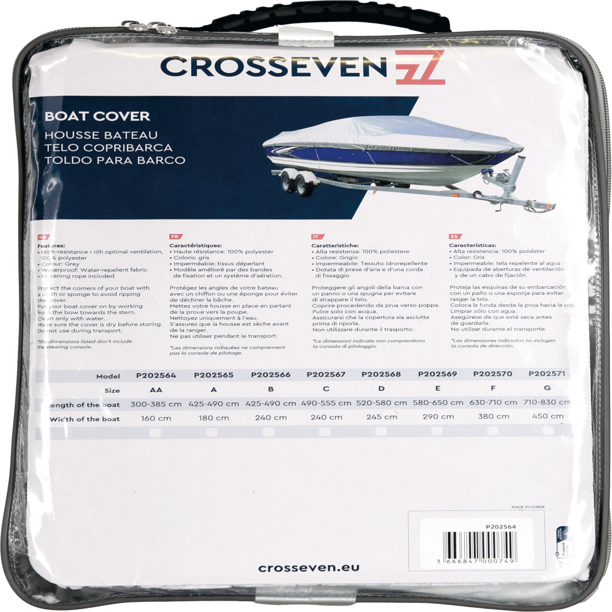 Crosseven Bootspersenning robust - Länge 3,00 – 3,85m, Breite 1,60m, grau