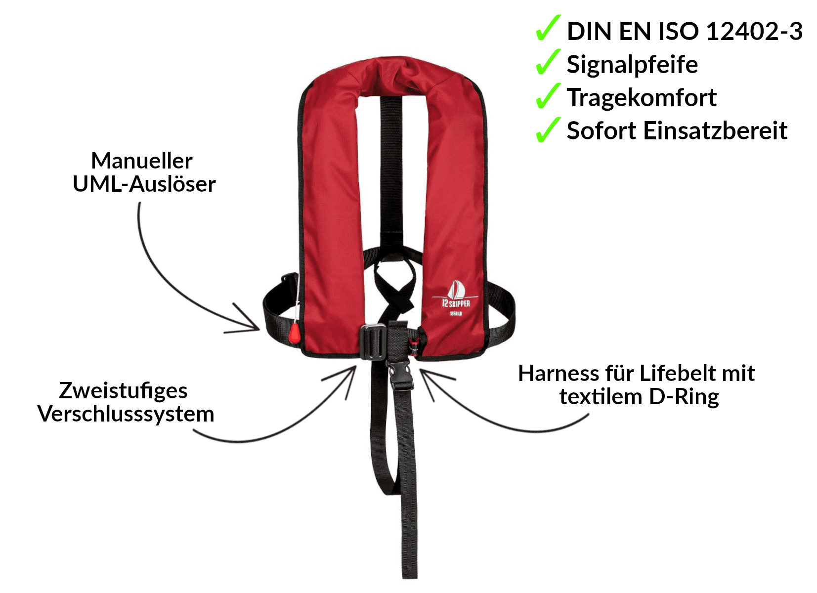 12skipper Automatik-Rettungsweste 165N ISO mit Harness, schwarz