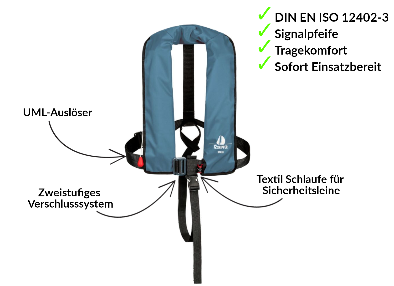 12skipper Automatik-Rettungsweste 165N ISO mit Harness, stahlblau