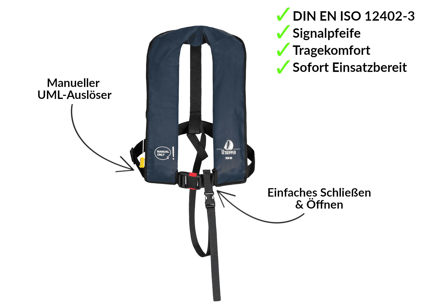 4er-Set 12skipper Rettungsweste 165N ISO mit manueller Auslösung, navy inkl. 4 Wartungskits