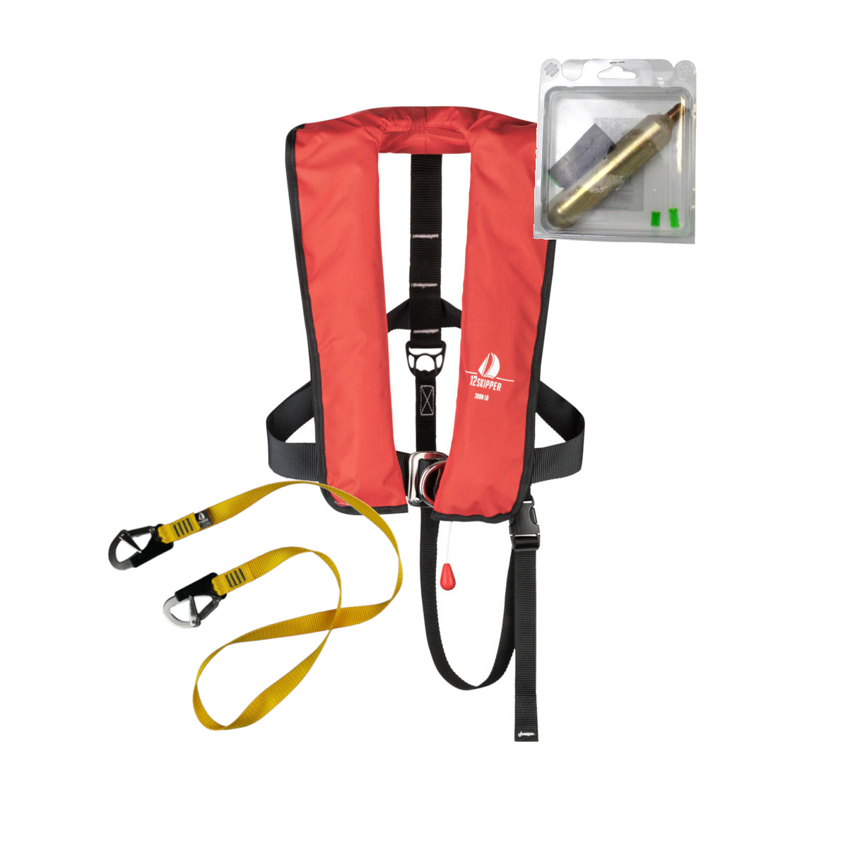 Set: 12skipper Automatik-Rettungsweste 300N ISO Harness rot mit Lifeline und Wartungskit